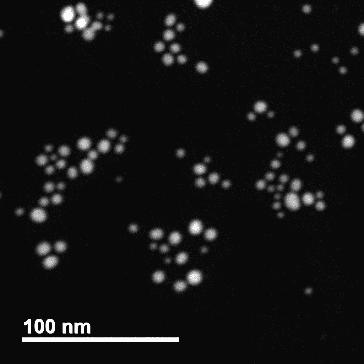 Dark-field STEM image showing a narrow distribution of gold particle sizes