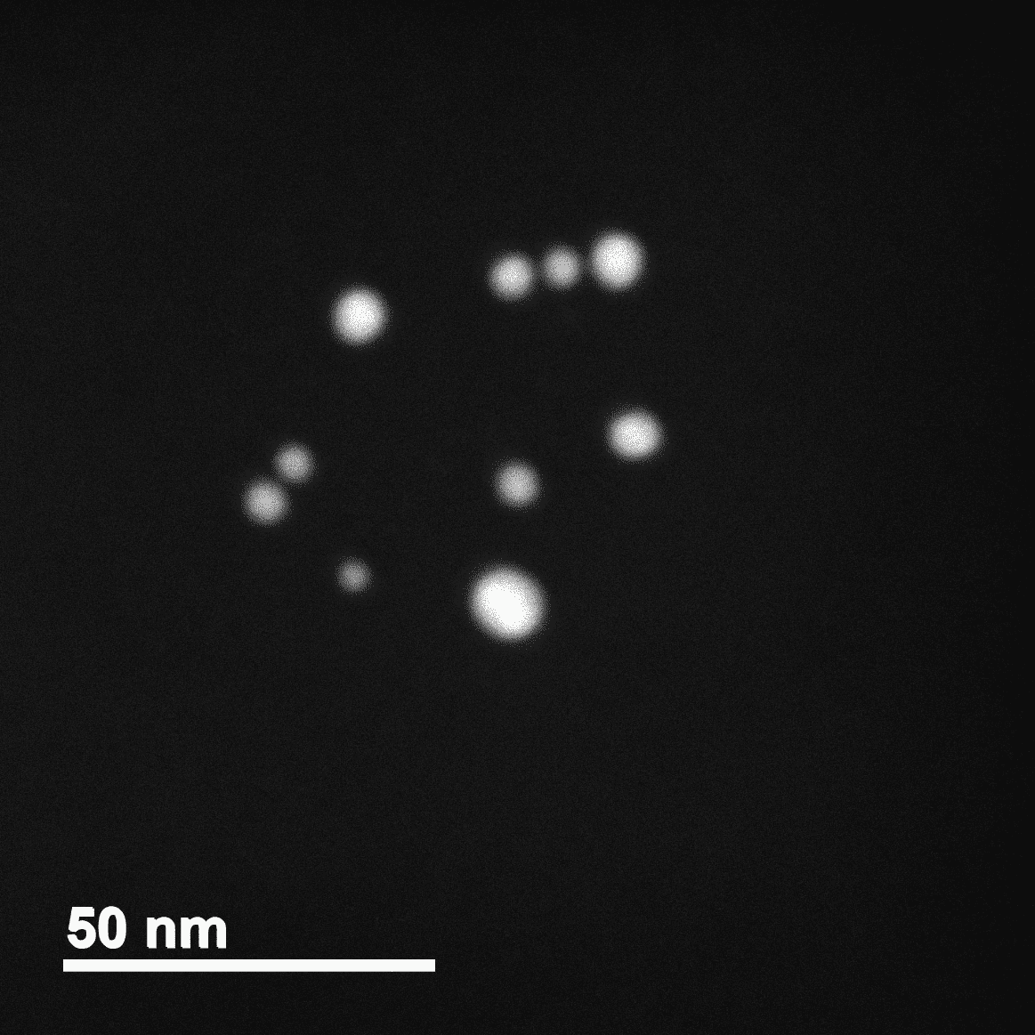 Dark-field STEM image showing groups of manufactured gold spheres without surfactant